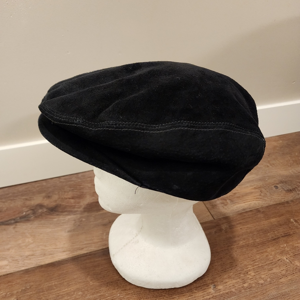 Vintage Newsboy Cap Hat Snap Front Genuine Leather Suede Black Men's size XL